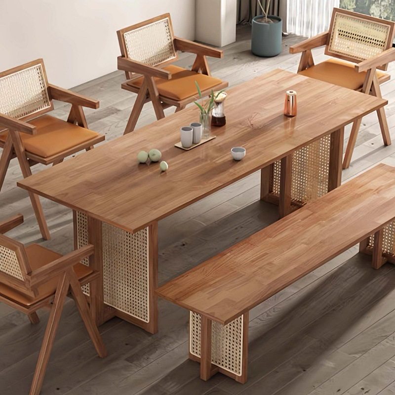 北欧实木藤编藤编餐桌椅家用民宿咖啡馆组阳台组合休闲桌复古桌子