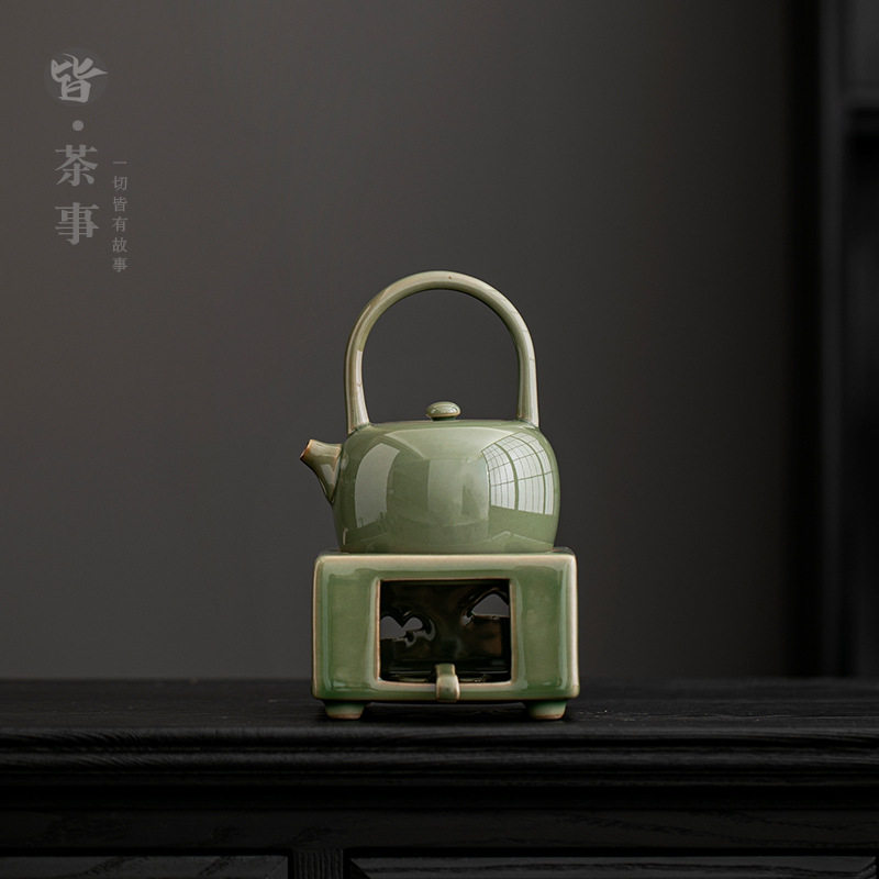 越窑青瓷蜡烛炉温茶壶整套泡茶温茶器复古暖茶炉提梁温全套泡茶器图片