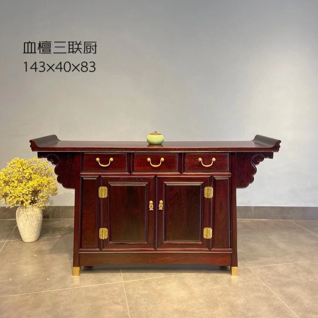 赞比亚血檀非洲小叶紫檀三联橱餐边柜收纳柜置物架仿古红木家具