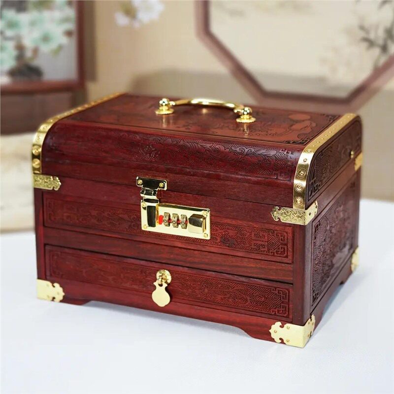花好月圆紫檀红木首饰盒实木饰品盒高档子收纳盒中式复古带密码锁