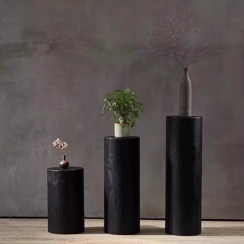 诧寂风碳化木圆形墩沙发边几