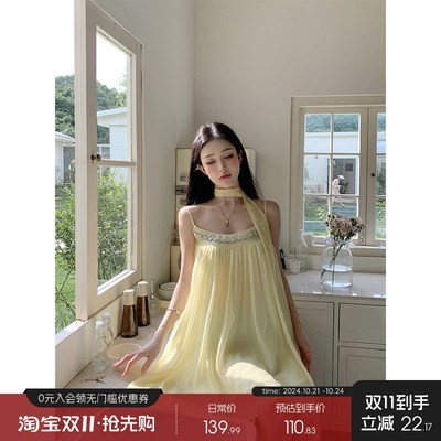 芭比姨露背吊带j连衣裙女早秋新款超仙甜美公主裙度假风海边娃娃