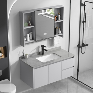浅灰色太空铝浴室柜组合陶瓷一体盆洗漱台防水防潮主卧卫生间智能