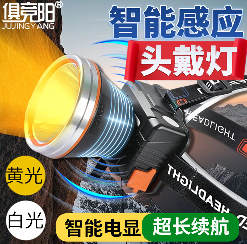 LED黄光白光感应灯黑坑夜钓鱼鱼10W强光家用户外巡逻多功能头戴灯