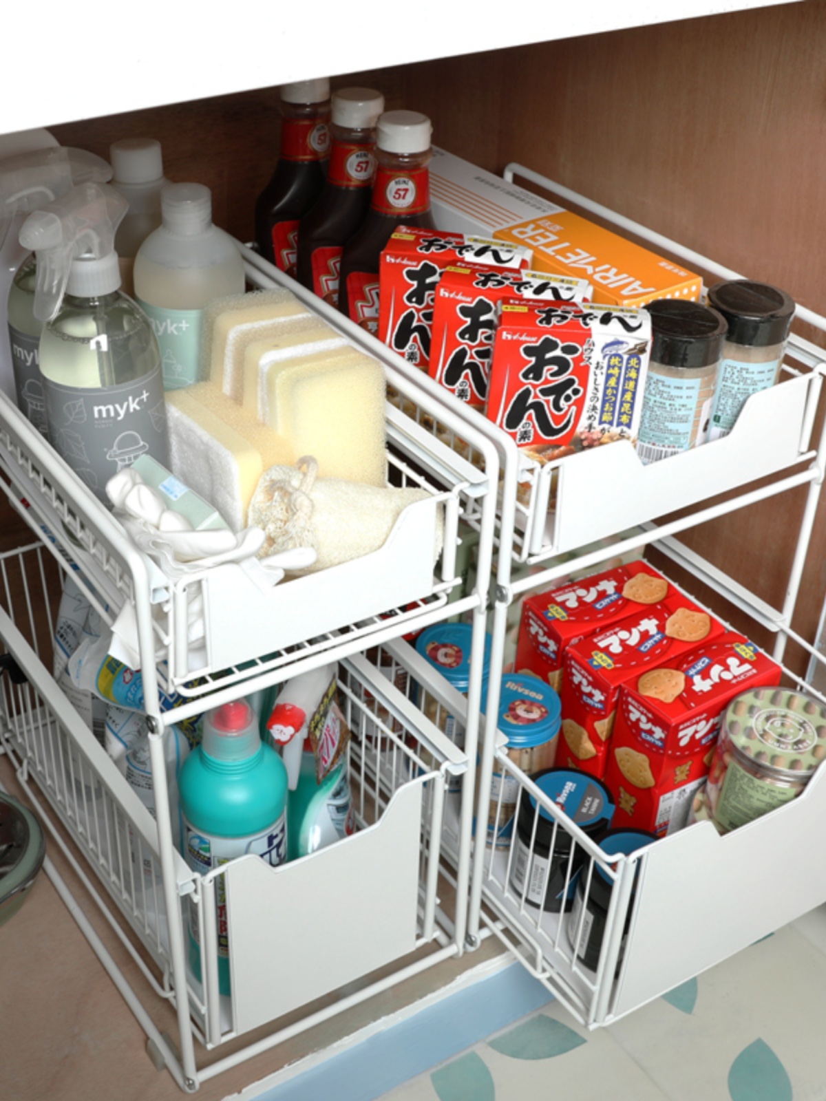 抽屉式橱柜内收纳筐厨房浴室清洁用品储I物推拉篮厨房下水槽置物