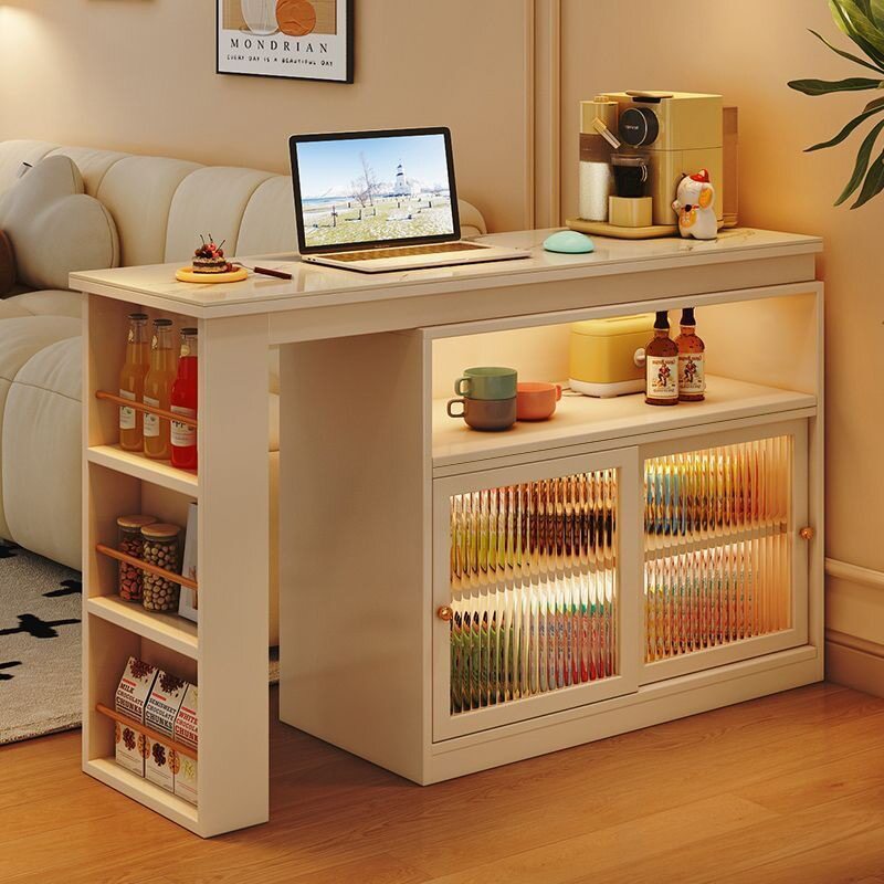 实木吧台桌子家用酒柜隔断客厅现代岩板餐边柜一体小型伸缩中岛台