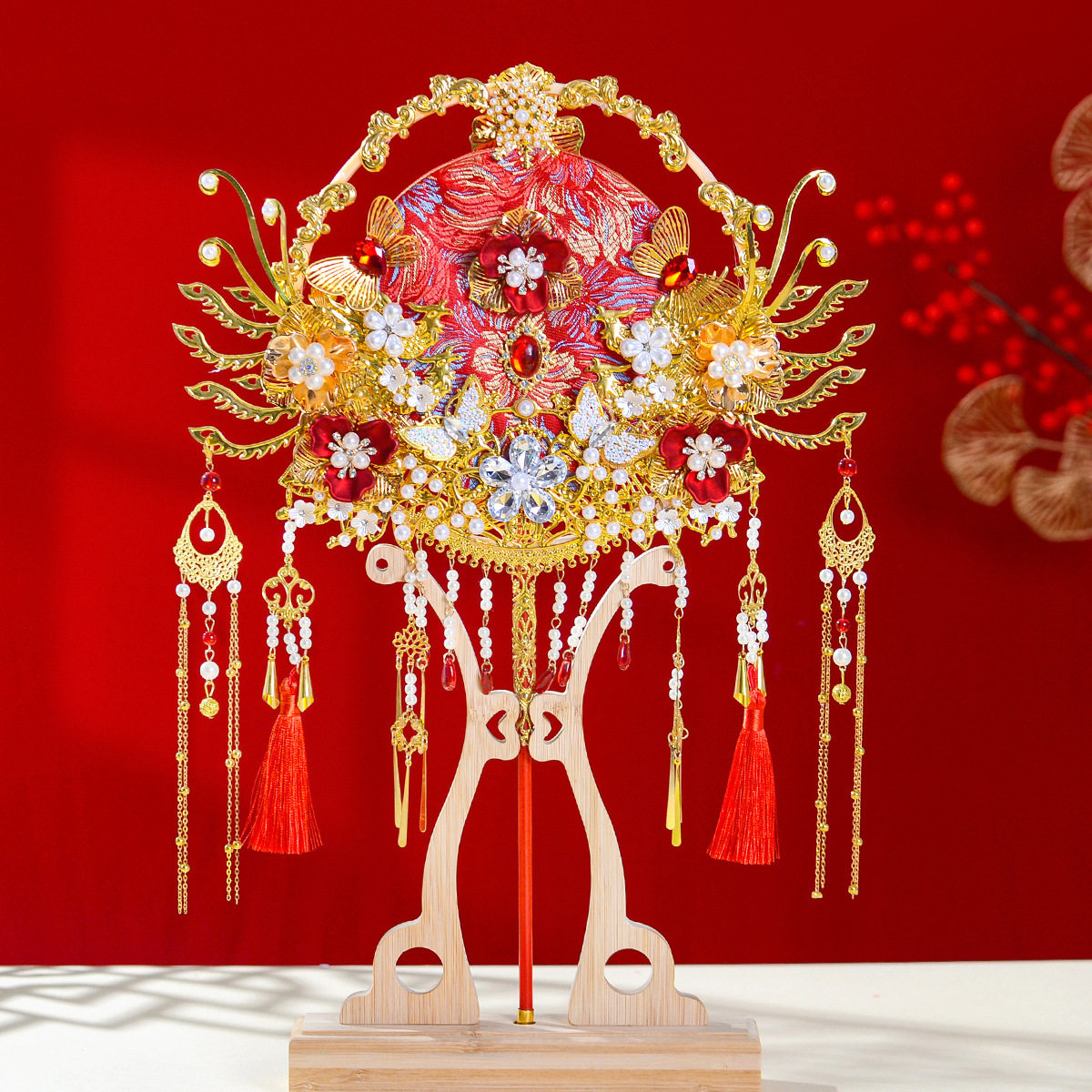 新娘团扇结婚diy材料包中式婚礼出嫁喜扇红色重工成品手工扇批发