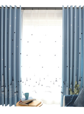 蓝色地中海城堡棉麻绣花飘窗遮光儿童房男孩卧室窗帘成品简约现代