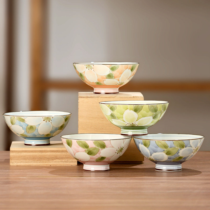 日本釉下彩碗米饭碗粉海棠家用餐具套装碗陶瓷米饭碗专用高脚碗