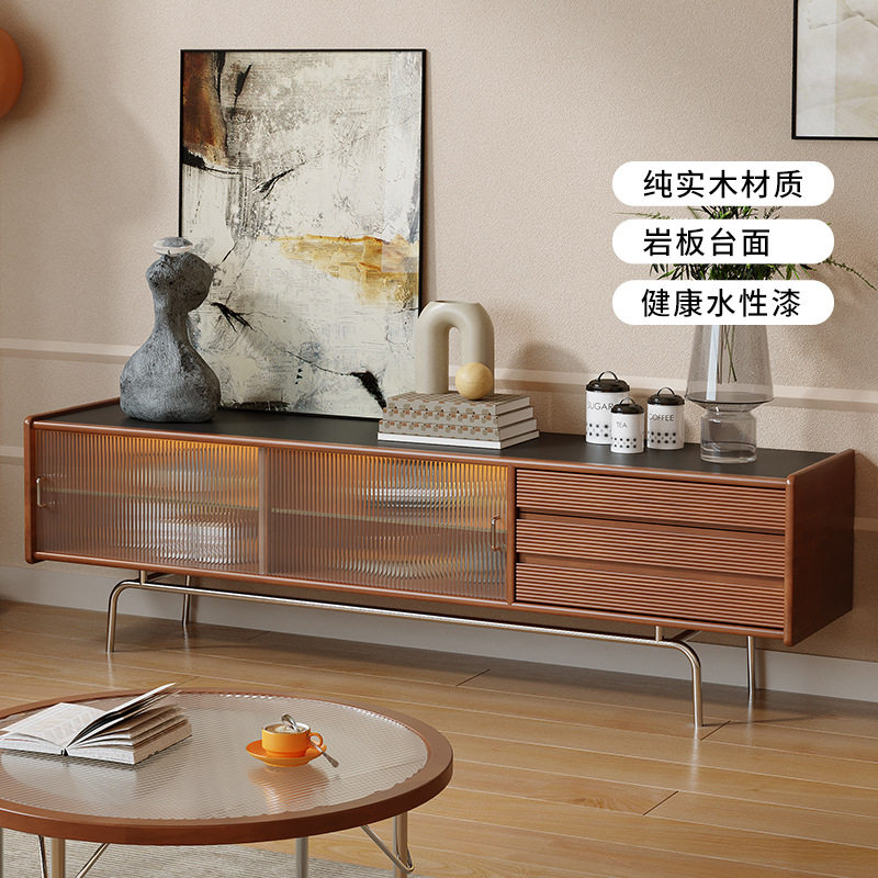 北欧实木电视柜 家用客厅岩板落地柜小户型复古不锈钢储物视听柜