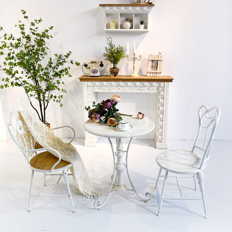 法式复古铁艺圆桌椅入户客厅做旧艺术咖啡桌木质居家阳台休闲背椅