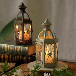 欧式烛台桌面复古提灯铁艺风灯摆件户外露营灯蜡烛台防风装饰道具