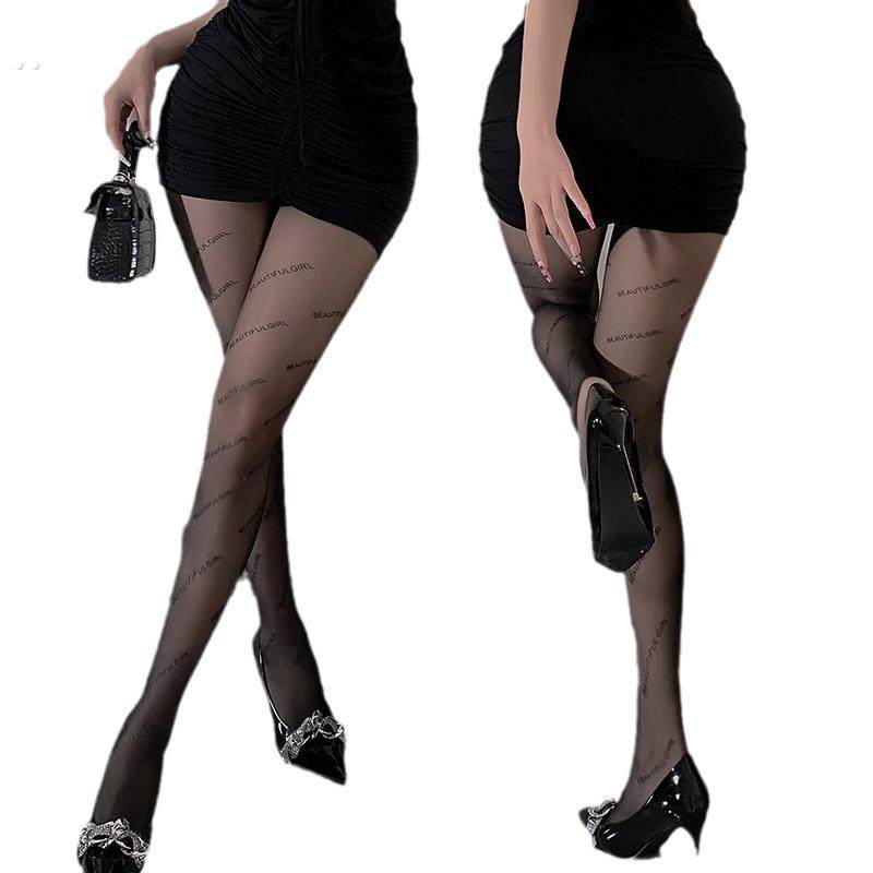 新款超薄黑丝袜字母开档纯欲风英文丝连裤袜打底袜防女薄款丝袜丝