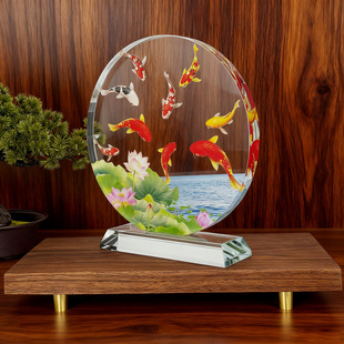 九鱼聚财图内雕水晶摆件装 饰工艺品开业送礼招财九鱼运转桌面摆台