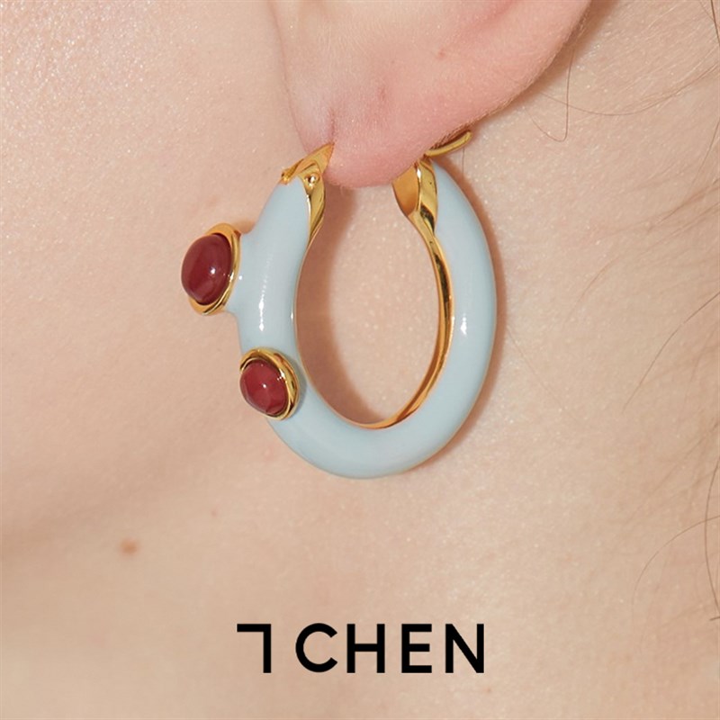 7CHEN 欧美珐琅滴油红玛瑙耳环小众时髦个性耳圈耳饰女白百合同款