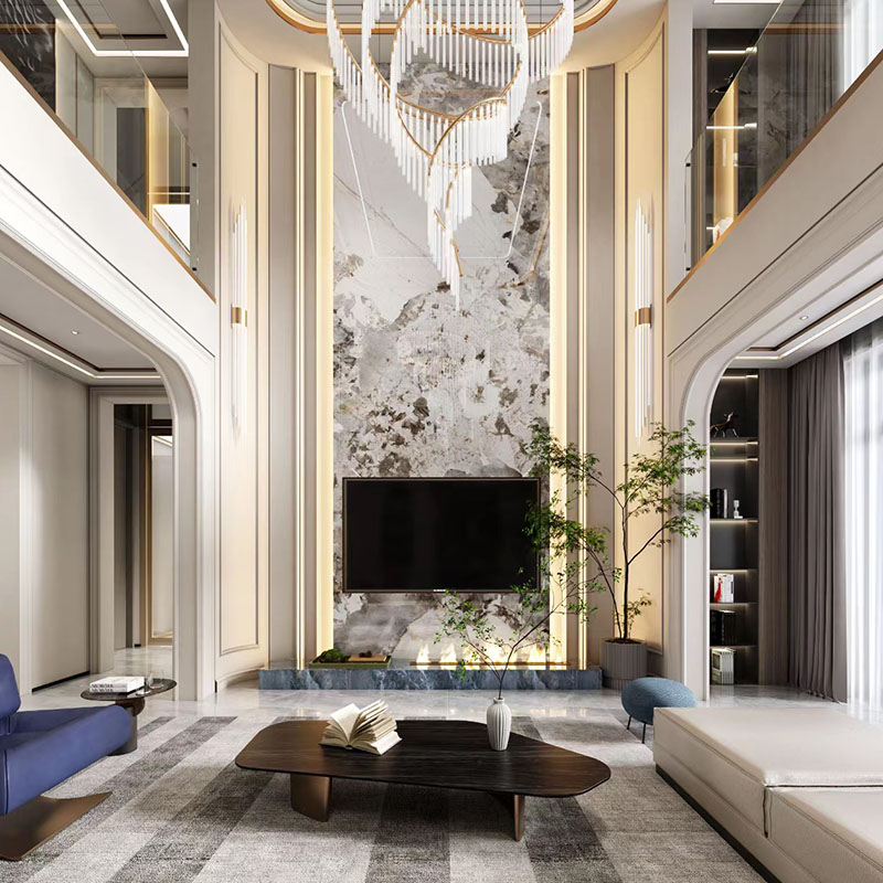 2023新款岩板电视沙发背景墙定制连纹板材大板别墅客厅轻奢影视墙