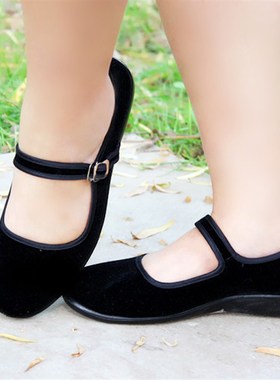 老北京黑色布鞋女工作鞋平跟一带妈妈鞋大码女鞋软底34-41424344