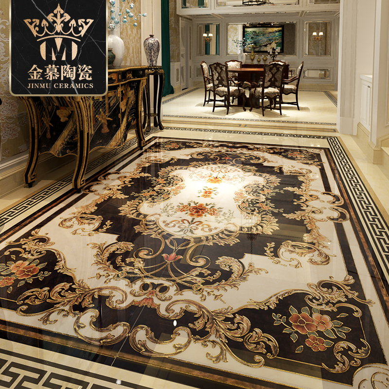 定制轻奢欧式镀金地面拼花瓷砖客餐厅入户玄关仿水刀花朵图案地砖