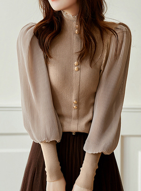 极速LJSXLS Autumn Elegant Chiffon Patchwork Turtleneck Sweat