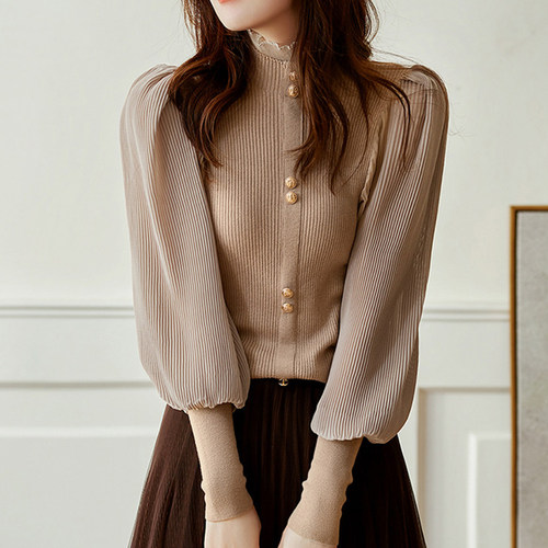 极速LJSXLS Autumn Elegant Chiffon Patchwork Turtleneck Sweat