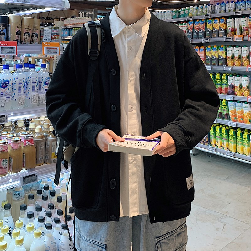 春秋季宽松纯色慵懒风小众开衫卫衣男装oversize潮流V领休闲外套