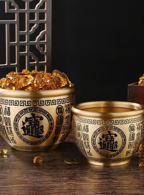 纯黄铜浮雕画油米缸储物聚财存钱罐桌面装饰烟灰缸铜摆件礼品