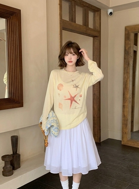 26夏季度假风海星印花长袖T恤女夏宽松防晒罩衫黄色圆领上衣