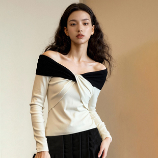 【新品上市】2025春夏崧时法式撞色针织一字肩蝴蝶结装饰打底T恤