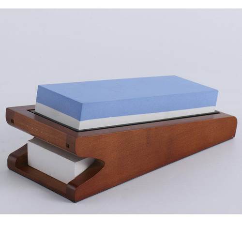 厨房家用磨刀石/油石砥石双面白刚玉木质斜坡底座套装