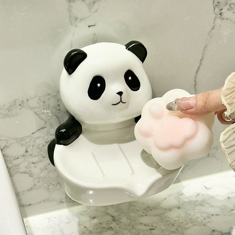速发熊猫物皂盒壁挂式浴水免打孔家用轻奢高档沥室可爱陶瓷香皂置