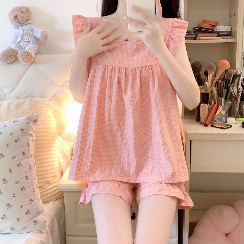 现货速发风新款夏季棉质睡衣士春秋短裤宽松夏天薄款家居服套装