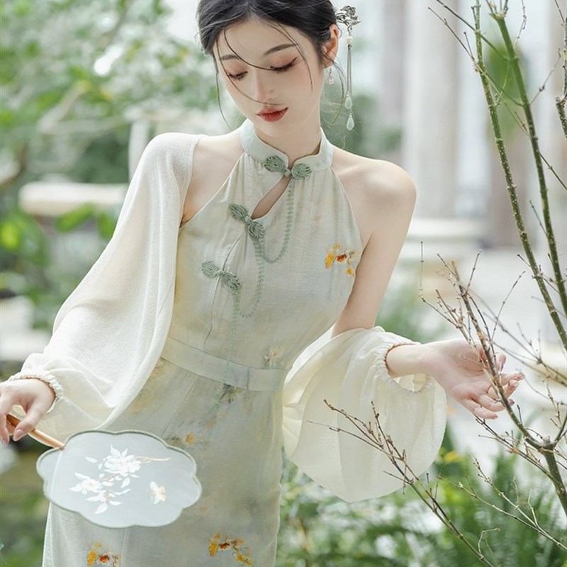 速发子两式连衣裙国风装202年新款改良印花旗袍套装新中件套