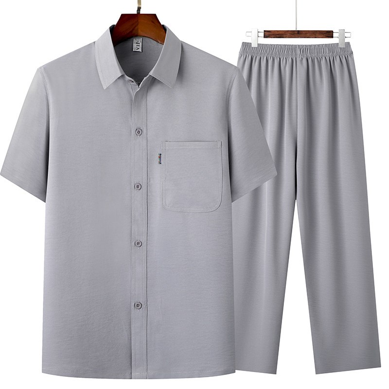 速发中老年夏季男爸爸休闲套装爷爷衬衣夏天老人半袖衣服