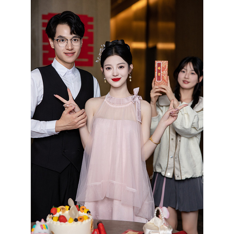 速发码妇敬酒服粉色新晨娘袍大孕遮肚国风新中式订婚礼服裙轻婚纱
