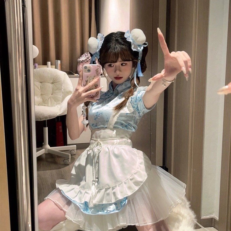 速发中华厨小娘仆围旗新中式裙袍连衣裙子套装服软妹Lita