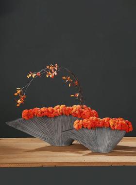 新中式复古扬帆起航花瓶套装仿真花多肉盆景装饰树脂摆件整体花∑