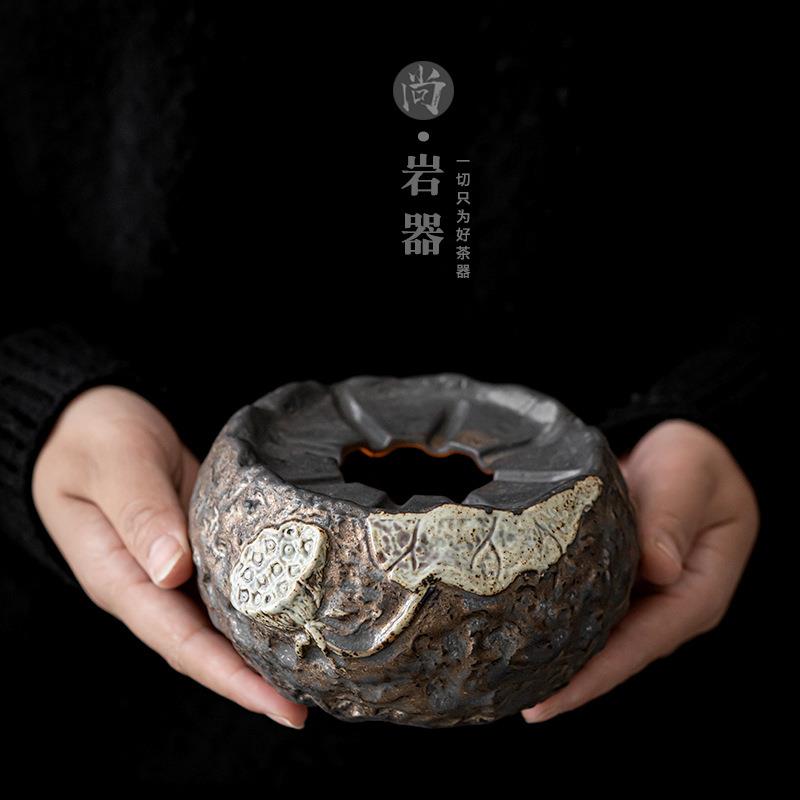 中式鎏金铁釉莲蓬温茶炉粗陶复古蜡烛加热茶台保温底座暖茶恒温器