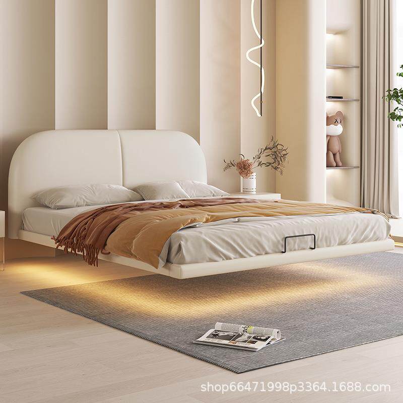 奶油风白色网红真皮床悬浮床主卧双人床1.8米北欧轻奢现代简约床