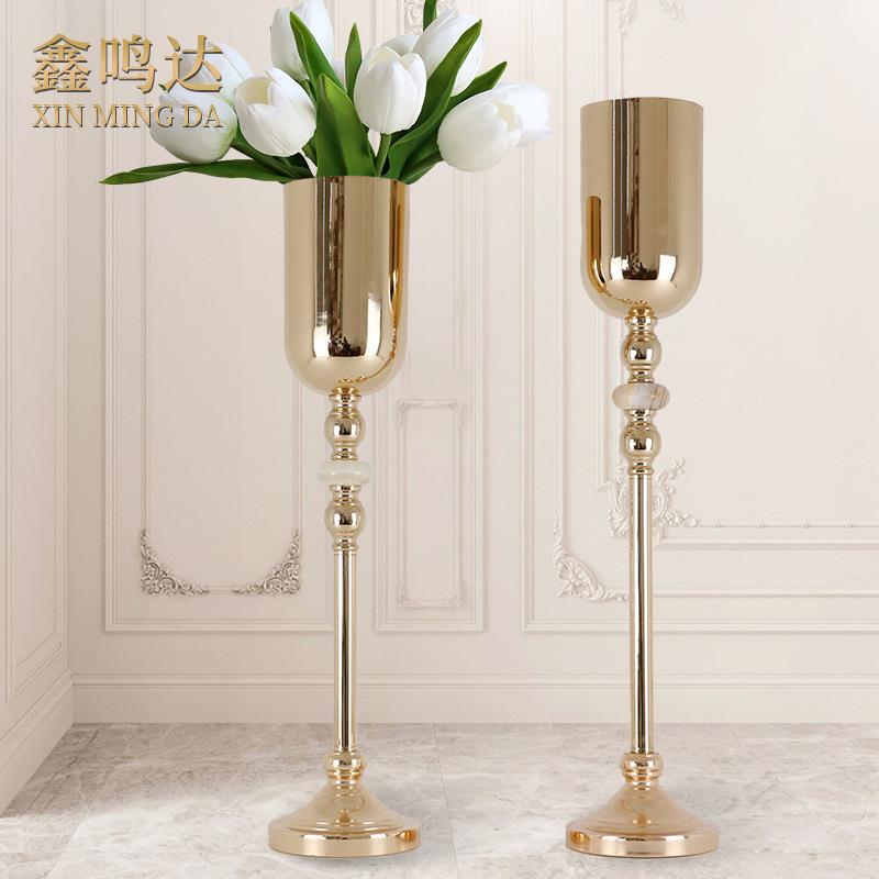 新款欧式婚礼落地花瓶金色布置道具样板间电镀路引装饰花器摆件