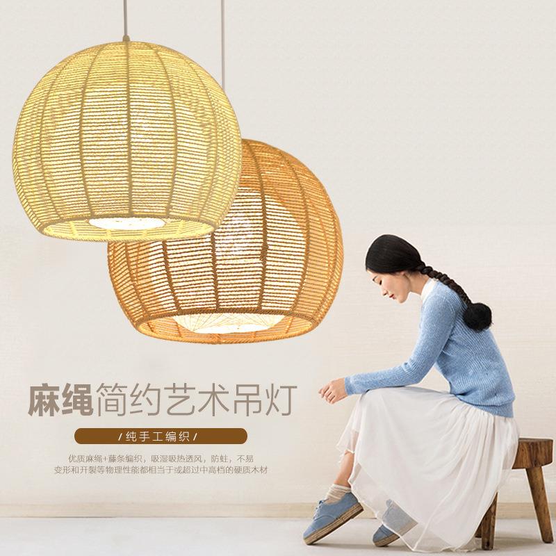 北欧麻绳吊灯现代简约创意圆形田园榻榻米餐厅卧室阳台吊灯具