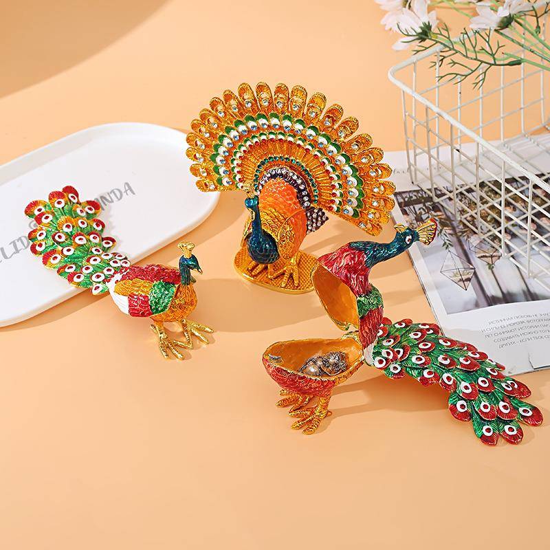 时尚家居摆件大号孔雀珠宝首饰品小摆件合金孔雀装饰盒景区纪念品