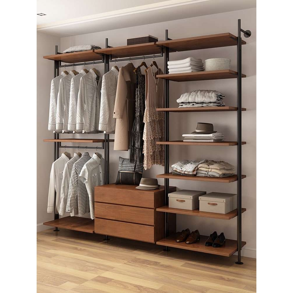 步入开放式衣柜铁艺衣架实木金属衣帽间挂衣杆落地衣服收纳架挂墙