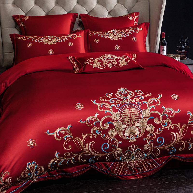 欧式新婚庆四件套A类200支长绒棉被套红色结婚房陪嫁床上用品