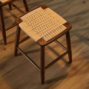日式简约编绳小方板凳子吧台梳化妆中复古胡桃实木客厅茶桌餐椅矮