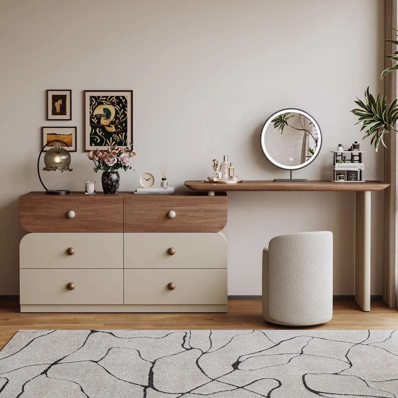 新中式实木复古梳妆台斗柜一体卧室中古风收纳化妆桌床尾置物伸缩