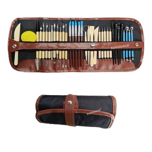 新品陶泥工具37件套泥塑雕刻刀七本针黑围裙陶艺辅助组合卷包套装