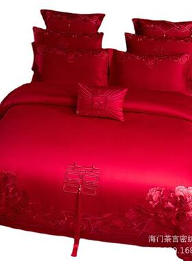 上新10HFTS长绒棉式精美绣刺婚庆四件套大红0婚嫁床上用品中套件