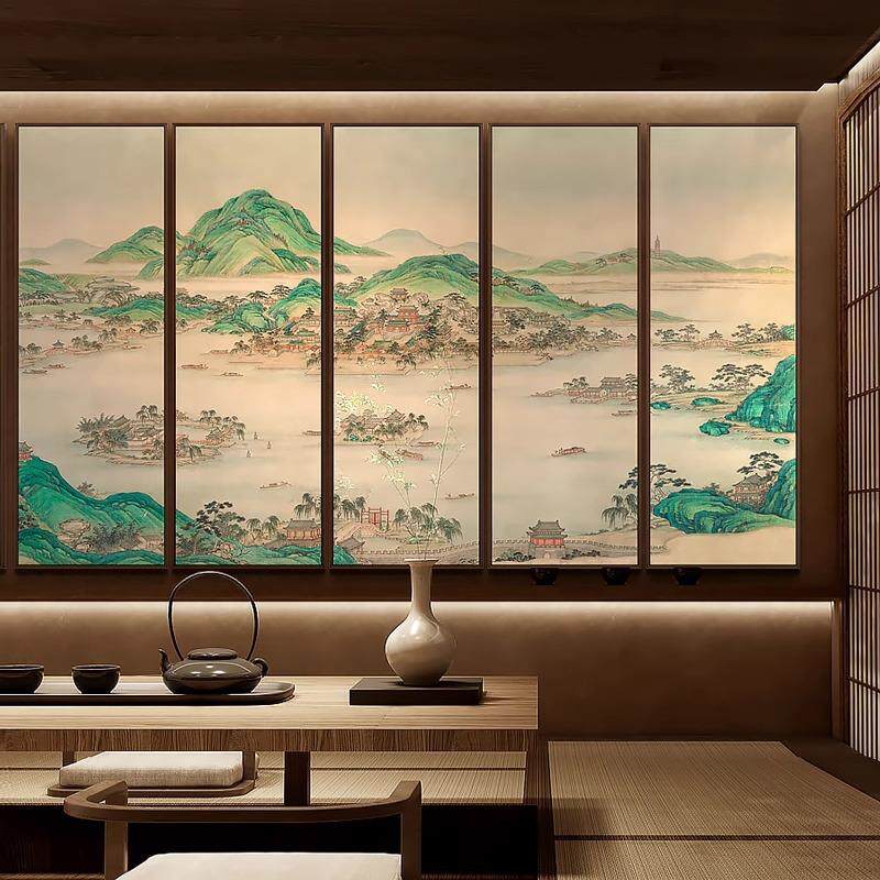 新中式山水风景别墅装饰画客厅高档巨幅挂画酒店大厅立体感壁画