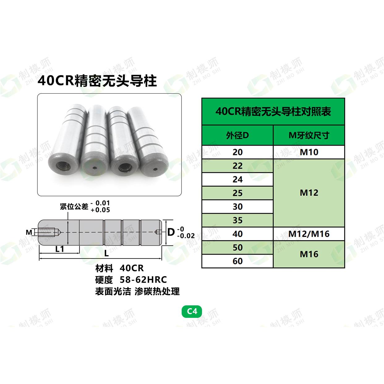 D16-D50精密无头导柱40CR带内螺纹攻牙模具无肩直身油槽导柱标准*