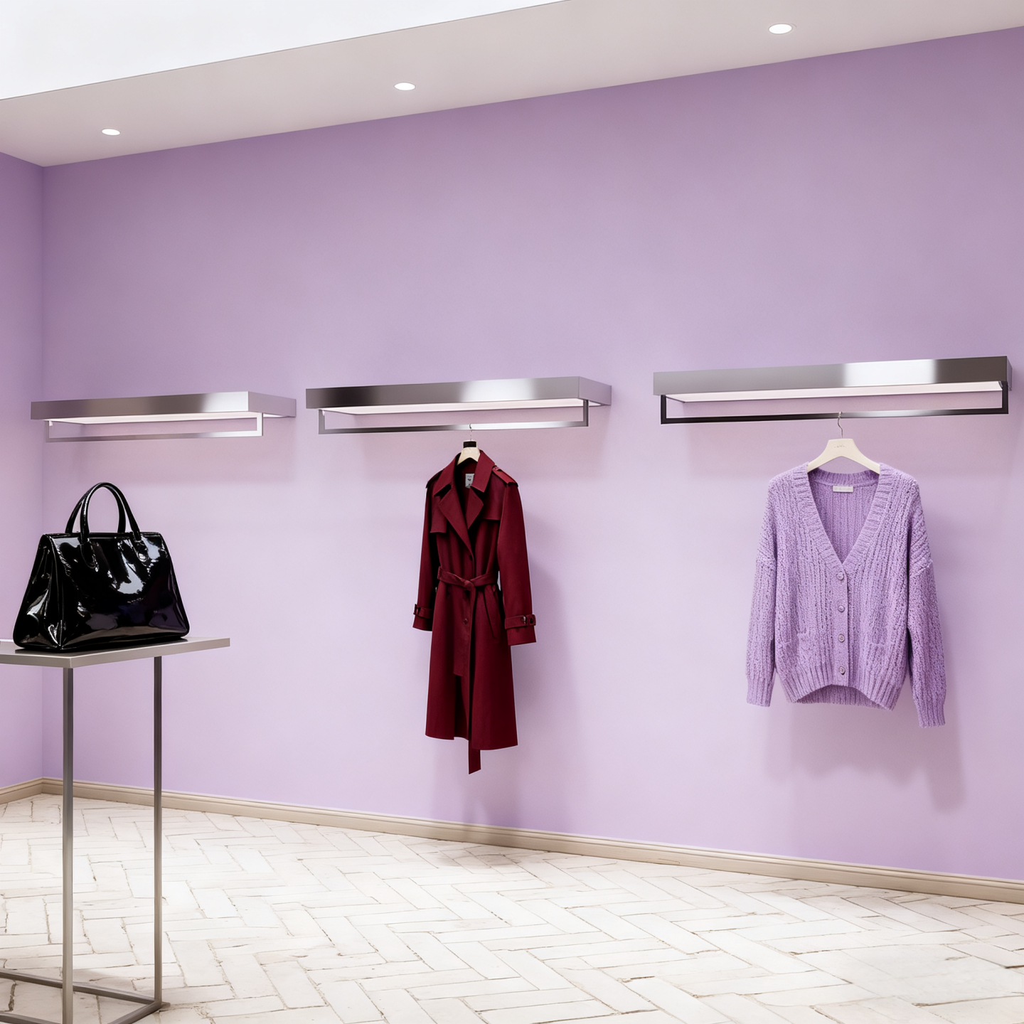 服装店展示架不锈钢上墙壁挂式带灯挂衣服架子女装店银色陈列货架